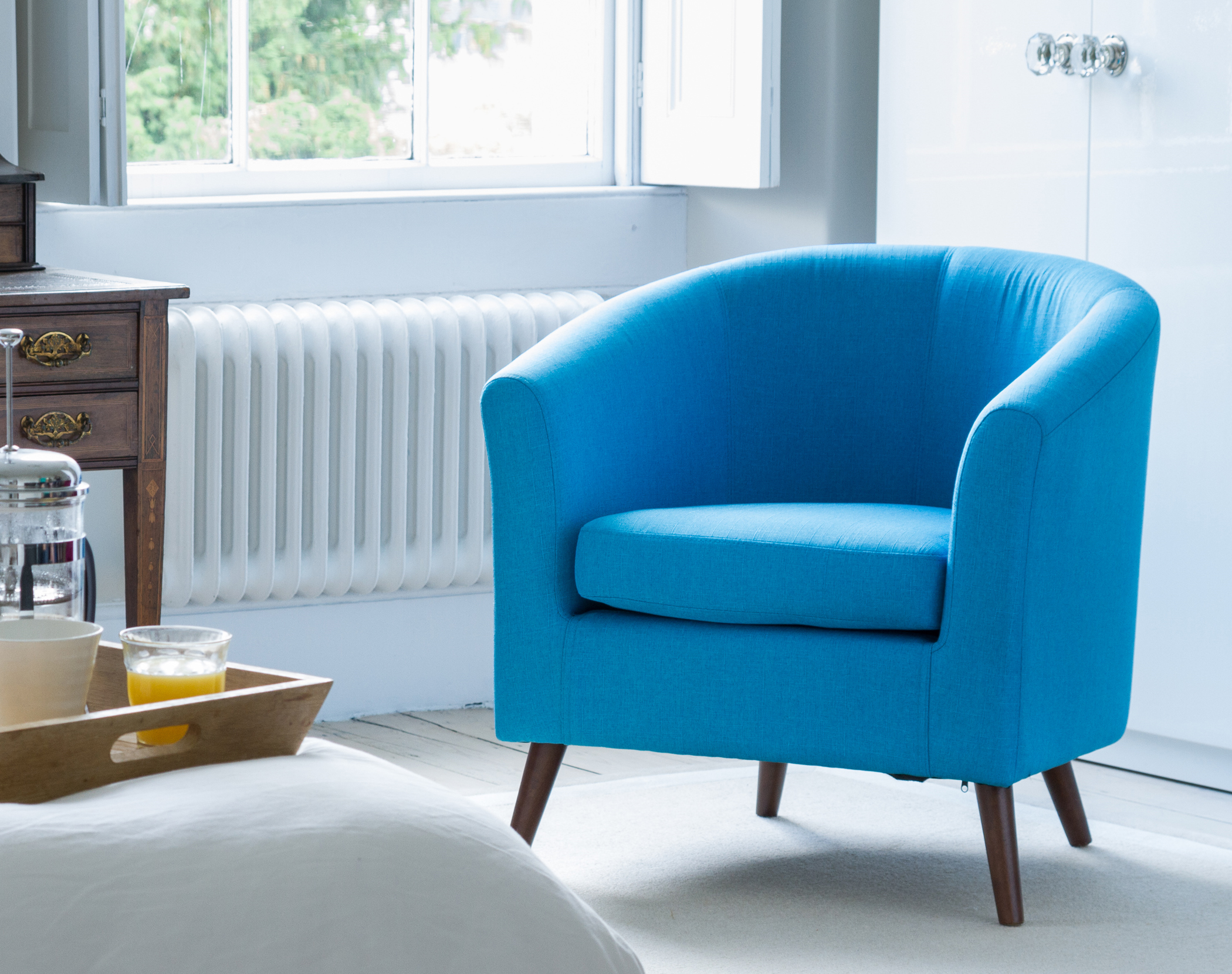 blue velvet wing chair